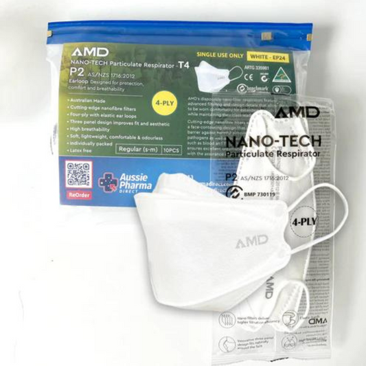 AMD P 2 Respirator Nano-tech Mask, 4-layer (T4)-Ear loops - EP24 - S-M - White - Pack (10pc)
