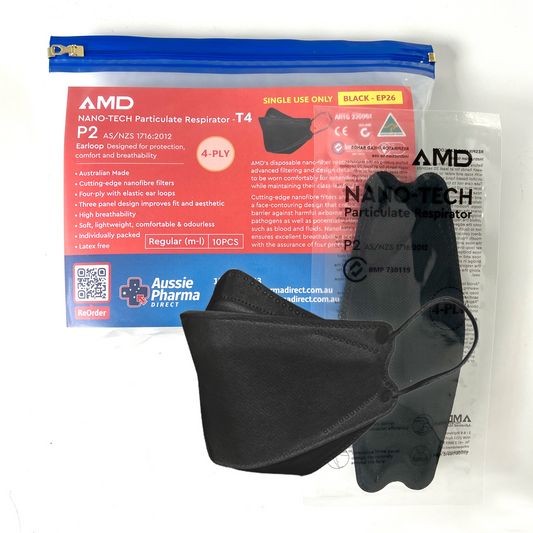 AMD P 2 Respirator Nano-tech Mask, 4-layer (T4)-Ear loops EP26 - M-L - Black - Pack (10pc)