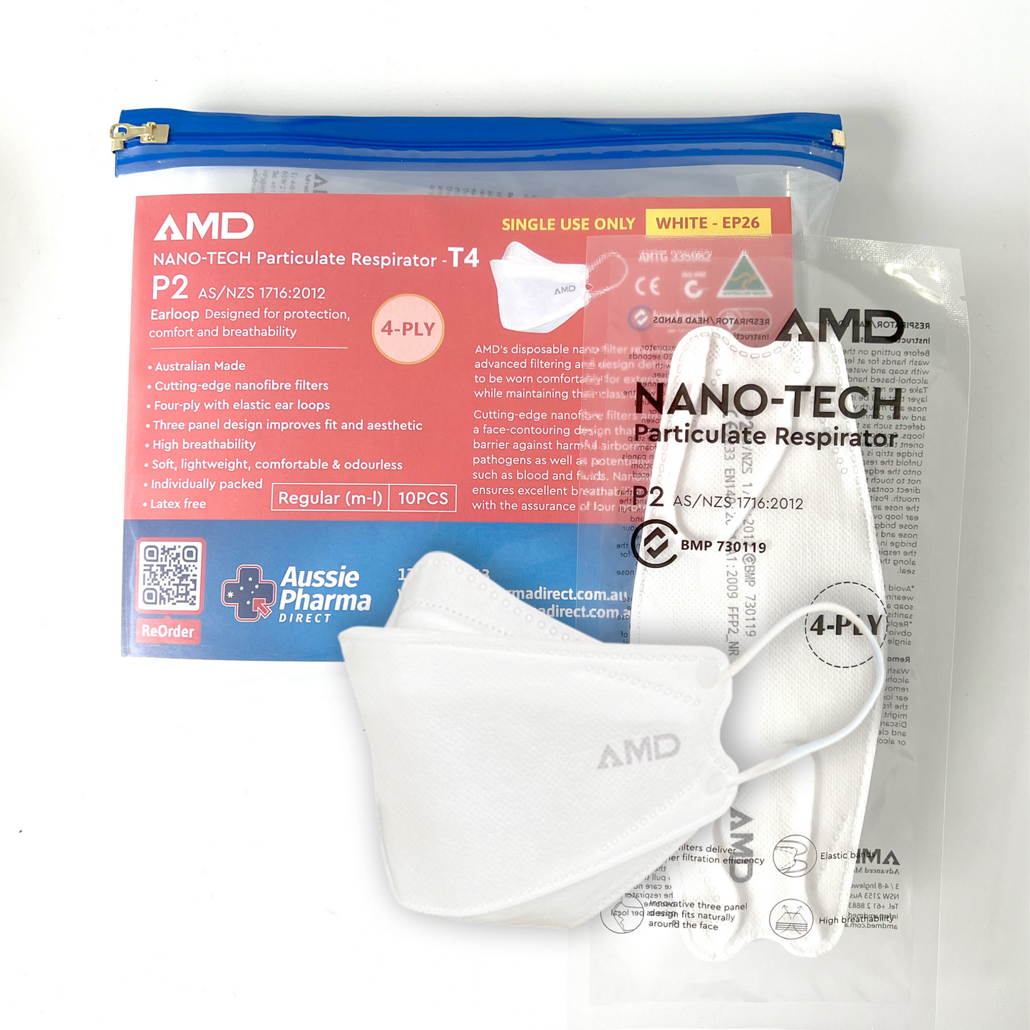 AMD P 2 Respirator Nano-tech Mask, 4-layer (T4)-Ear loops EP26 - M-L - White - Pack (10pc)