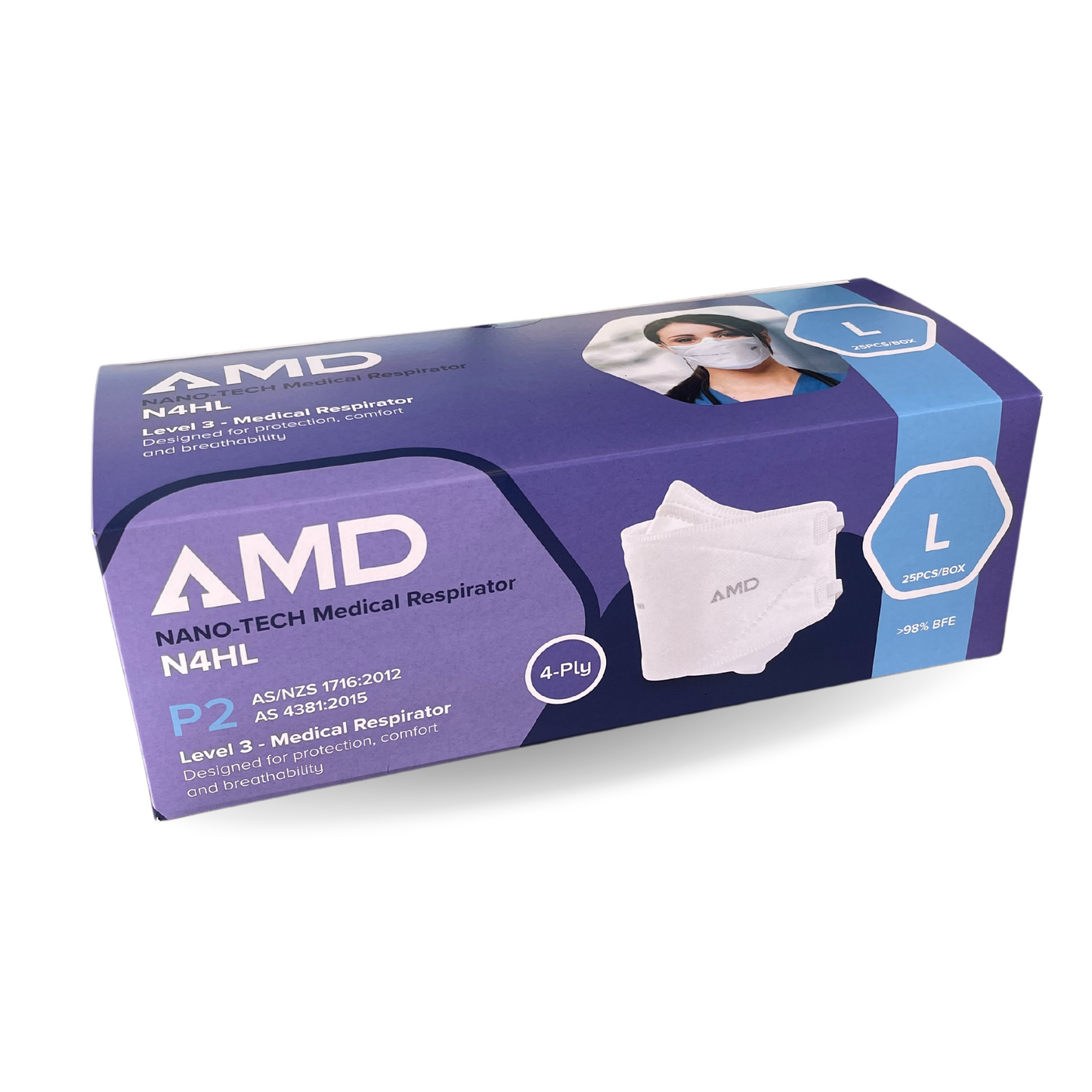 AMD P2 Nano-tech Respirator Mask, 4-layer - Head Bands N4HL - Lge - White - Box (25pc)