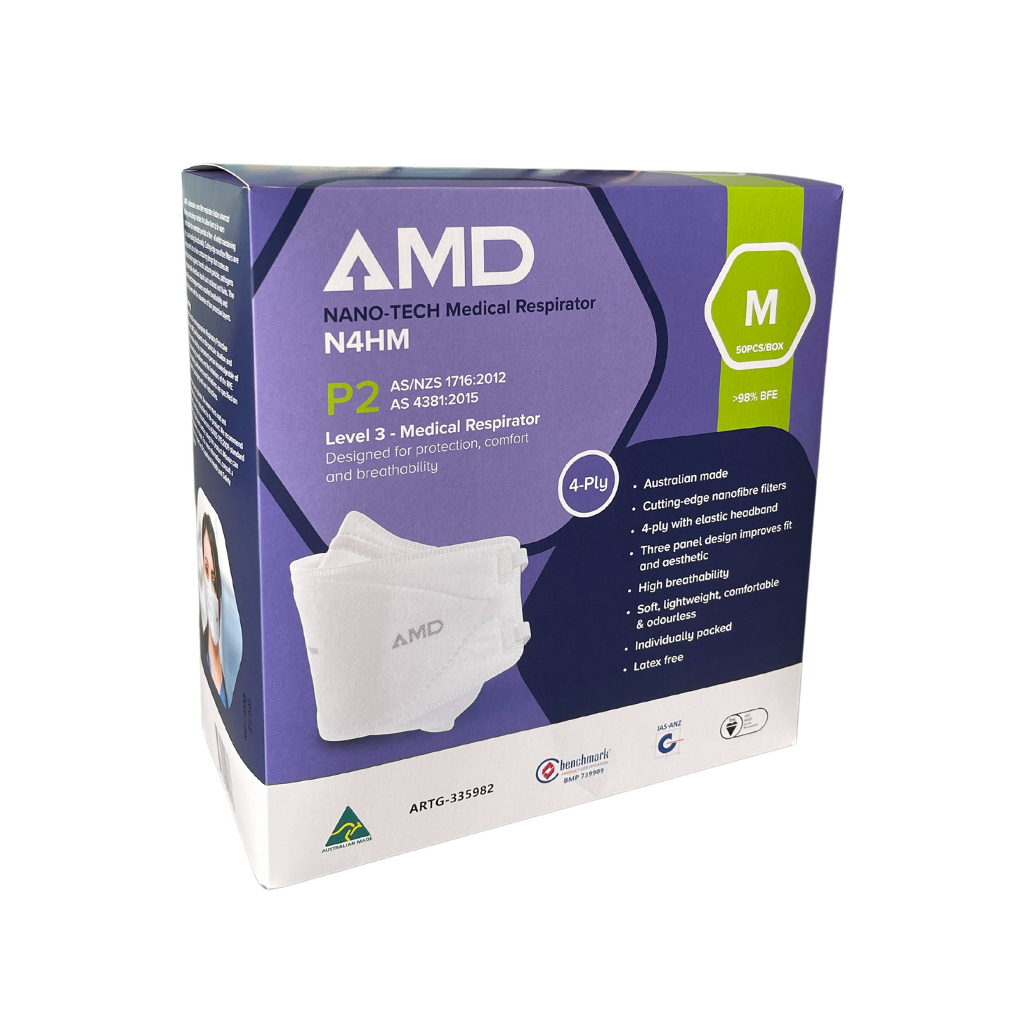 AMD P2 Nano-tech Respirator Mask, 4-layer - Head Bands N4HM - Med - White - Carton (1000pc)