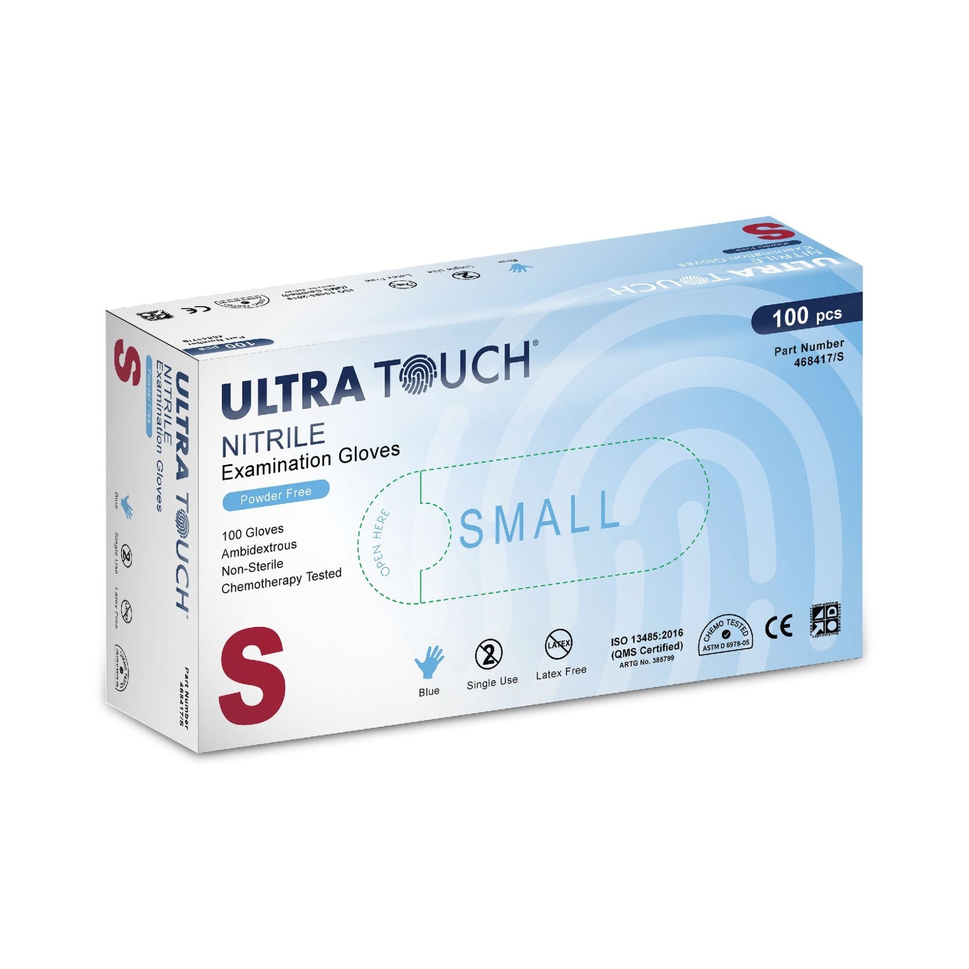 Ultra Touch Nitrile Chemo-tested Blue Powder Free Disposable Gloves - S - Box (100pc)