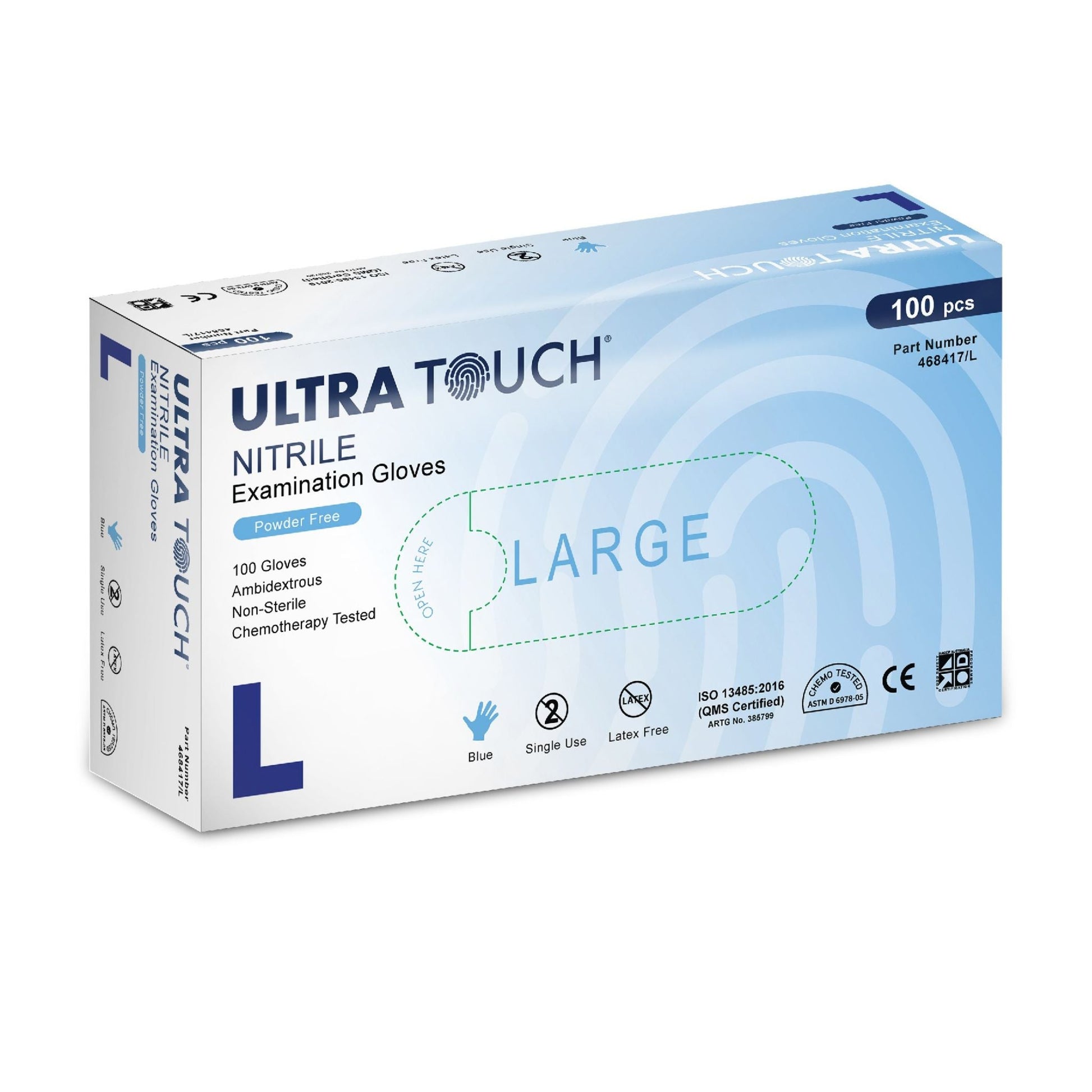 Ultra Touch Nitrile Chemo-tested Blue Powder Free Disposable Gloves - L - Box (100pc)